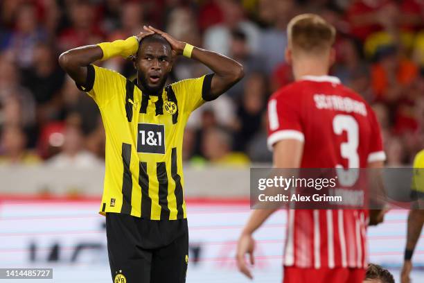 Anthony Modeste of Borussia Dortmund reacts after a missed opportunity during the Bundesliga match between Sport-Club Freiburg and Borussia Dortmund...