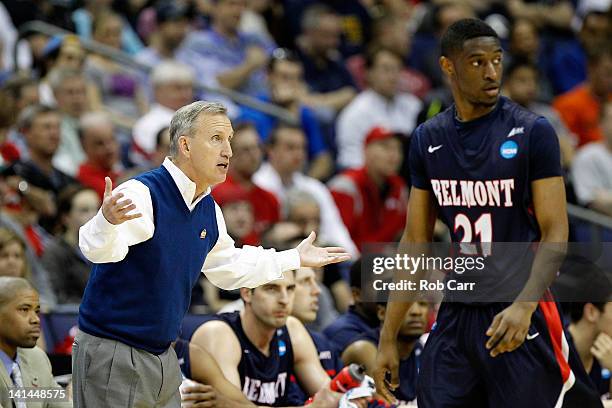 Head coach Rick Byrd of the Belmont Bruins reacts as player Ian Clark looks on during the first half against the Georgetown Hoyas during the second...