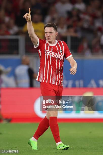 Michael Gregoritsch of SC Freiburg celebrates scoring their side's first goal during the Bundesliga match between Sport-Club Freiburg and Borussia...