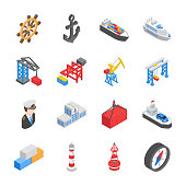 Seaport isometric icons set. Seafaring, shipping industry, cranes, shipment of cargo, civilian and cargo ships. Objects collection