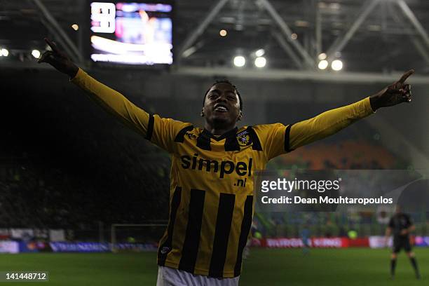 Renato Ibarra of Vitesse celebrates scoring the second goal of the game during the Eredivisie match between Vitesse Arnhem and SC Heracles Almelo at...