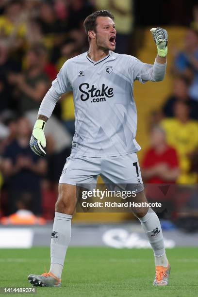 Daniel Bachmann of Watford challenges after Tom Cleverley scores their side's first goal during the Sky Bet Championship between Watford and Burnley...