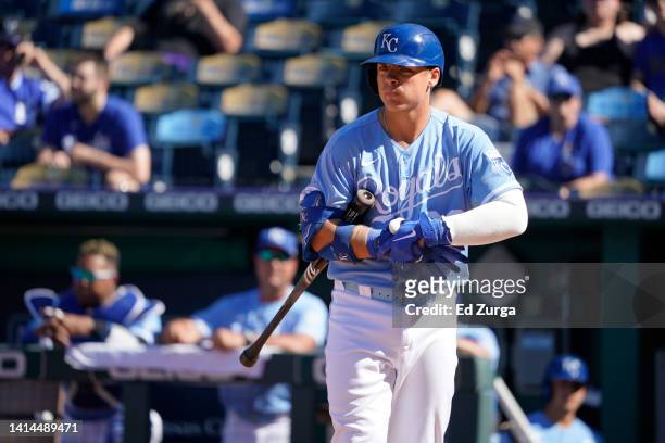 Nick Pratto of the Kansas City Royals bats during first game of a doubleheader against the Chicago White Sox in the fourth inning at Kauffman Stadium...