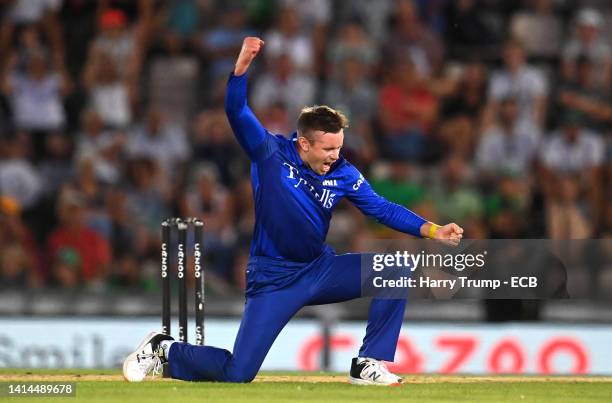 Mason Crane of London Spirit Men celebrates taking the wicket of Alex Davies of Southern Brave Men during the Hundred match between Southern Brave...