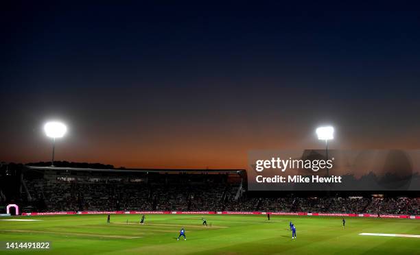 General view of play during the Hundred match between Southern Brave Men and London Spirit Men at The Ageas Bowl on August 12, 2022 in Southampton,...