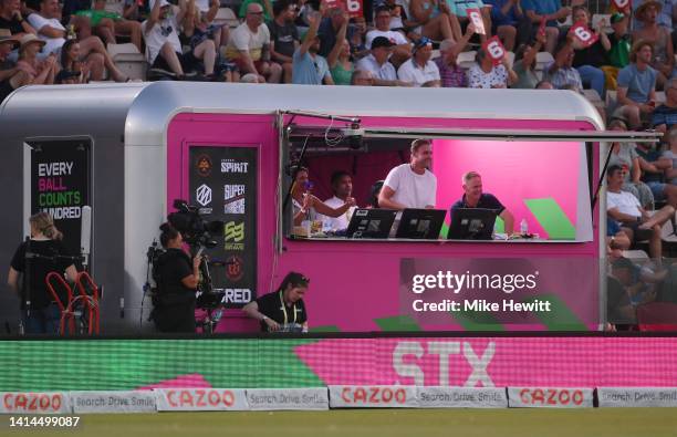 Stuart Broad and Shaun Pollock are seen in the Sky Pod during the Hundred match between Southern Brave Men and London Spirit Men at The Ageas Bowl on...