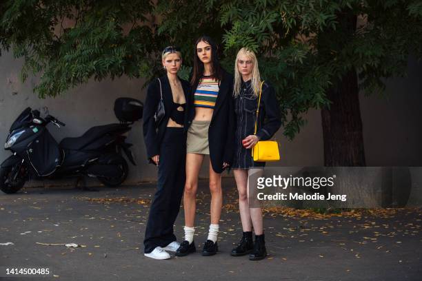 Models Liv Parsons, Grace Cameron, and Fleur Breijer after the Rains show at Le Centquatre during Paris Fashion Week Mens Spring/Summer 2023 on June...