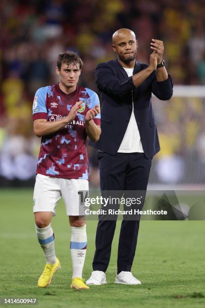 Connor Roberts and Vincent Kompany, Manager of Burnley, look dejected as they applaud their fans after the final whistle of the Sky Bet Championship...