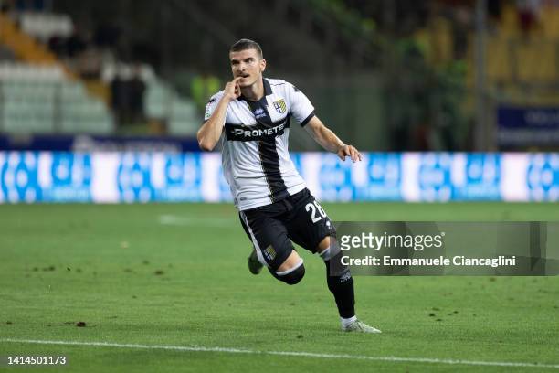Valentin Mihaila of Parma Calcio celebrates after scoring his team's second goal during the Serie B match between Parma Calcio and Bari at Stadio...