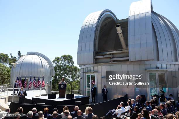 Vice President Kamala Harris speaks during a visit to Chabot Space & Science Center on August 12, 2022 in Oakland, California. Kamala Harris wrapped...