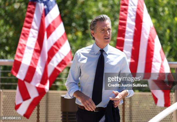 California Gov. Gavin Newsom speaks during a visit to Chabot Space & Science Center with U.S. Vice President Kamala Harris on August 12, 2022 in...