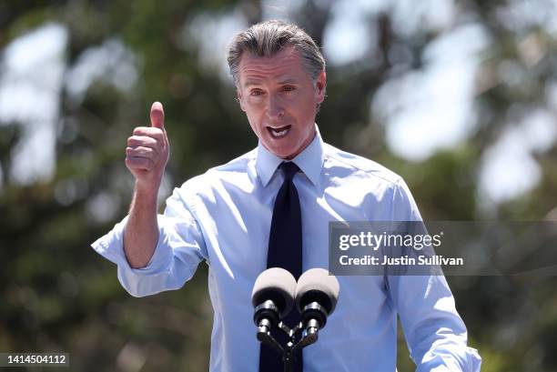 California Gov. Gavin Newsom speaks during a visit to Chabot Space & Science Center with U.S. Vice President Kamala Harris on August 12, 2022 in...