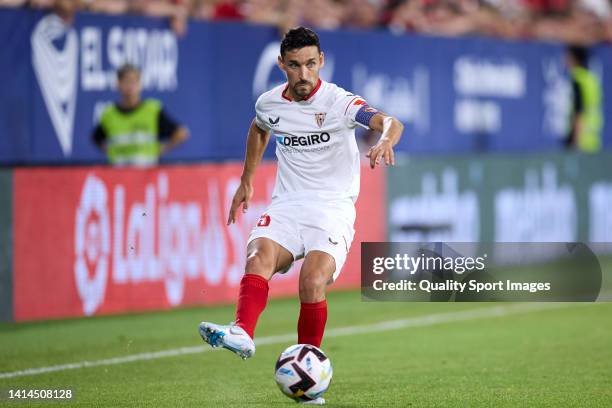 Jesus Navas of Sevilla FC in action during the La Liga Santander match between CA Osasuna and Sevilla FC at Estadio El Sadar on August 12, 2022 in...