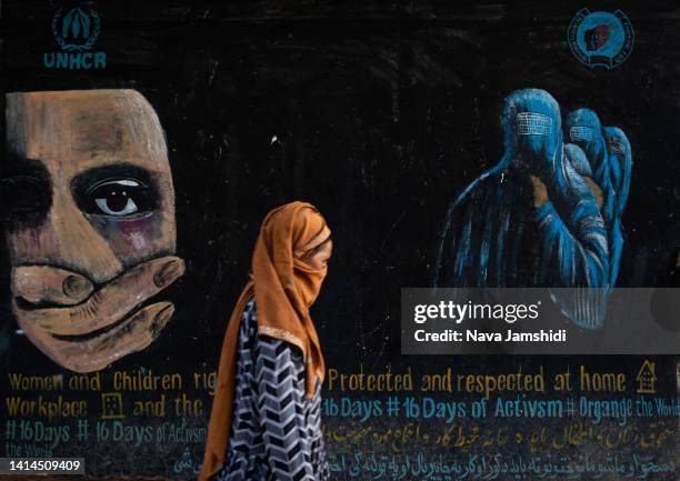 Woman walks past a mural calling for women and children's rights in Afghanistan on August 12, 2022 in Bamian, Afghanistan. The collapse of the...