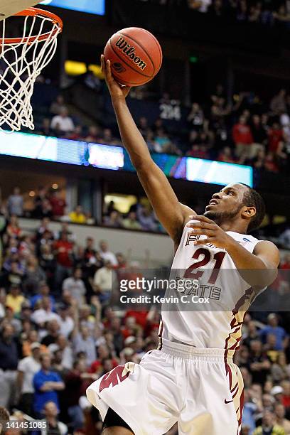 Michael Snaer of the Florida State Seminoles takes a layup against the St. Bonaventure Bonnies during the second round of the 2012 NCAA Men's...