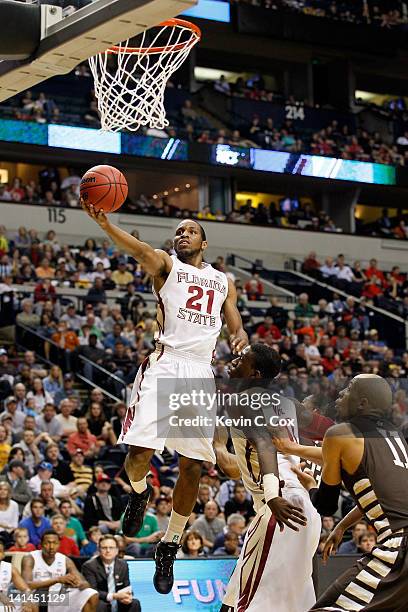 Michael Snaer of the Florida State Seminoles takes a layup against the St. Bonaventure Bonnies during the second round of the 2012 NCAA Men's...