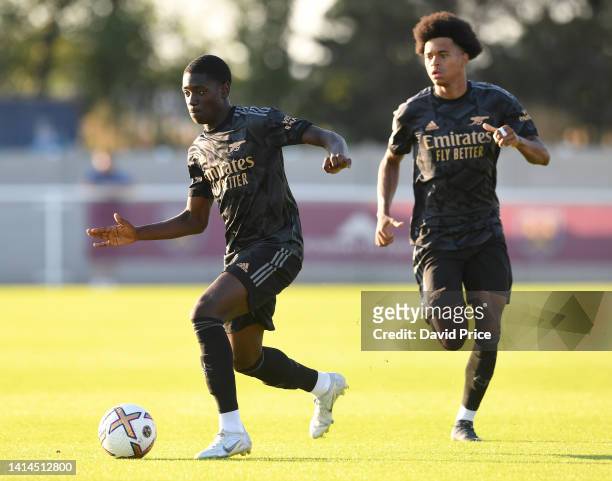 Charles Sagoe Jr of Arsenal during the PL2 match between West Ham United U21 and Arsenal U21 at Rush Green on August 12, 2022 in Romford, England.