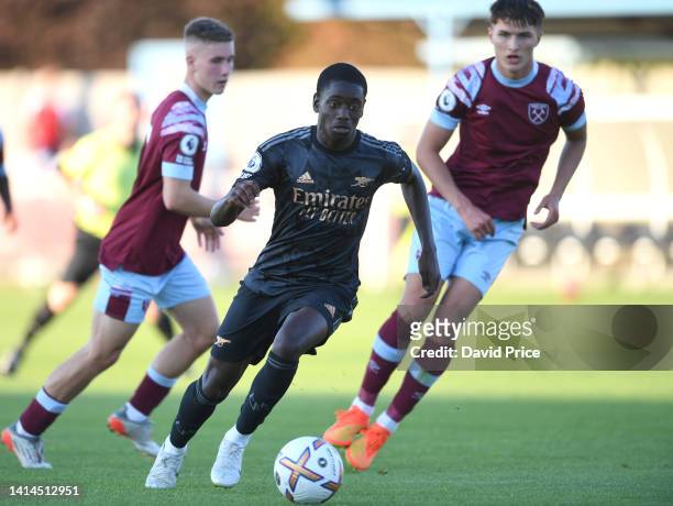 Charles Sagoe Jr of Arsenal during the PL2 match between West Ham United U21 and Arsenal U21 at Rush Green on August 12, 2022 in Romford, England.