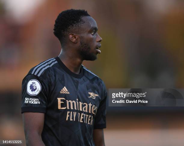 James Olayinka of Arsenal during the PL2 match between West Ham United U21 and Arsenal U21 at Rush Green on August 12, 2022 in Romford, England.