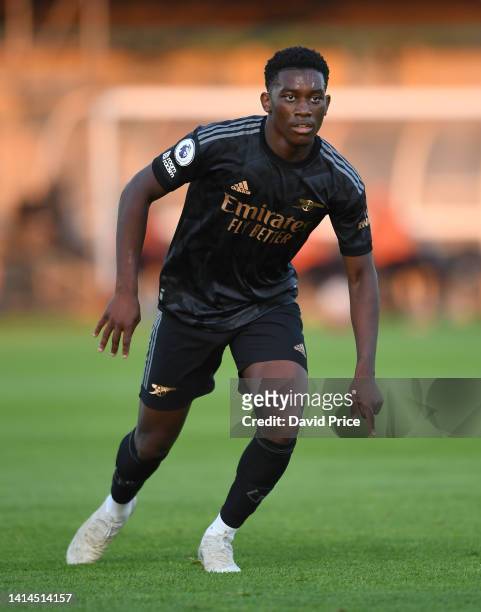 Khayon Edwards of Arsenal during the PL2 match between West Ham United U21 and Arsenal U21 at Rush Green on August 12, 2022 in Romford, England.