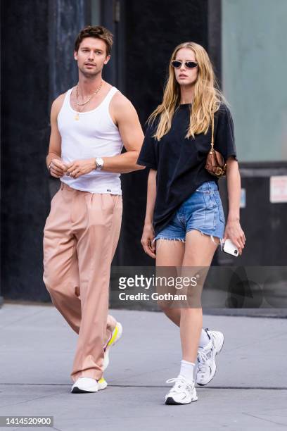 Patrick Schwarzenegger and Abby Champion are seen in NoHo on August 12, 2022 in New York City.