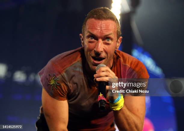 Chris Martin of Coldplay performs at Wembley Stadium on August 12, 2022 in London, England.