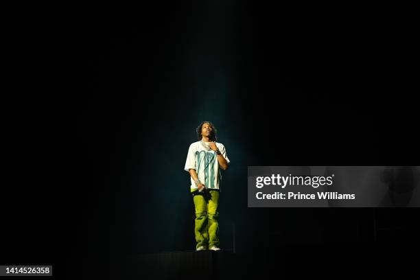 Rapper Lil Baby performs during Chris Brown and Lil Baby "One Of Them Ones" Tour at Cellairis Amphitheatre at Lakewood on August 10, 2022 in Atlanta,...