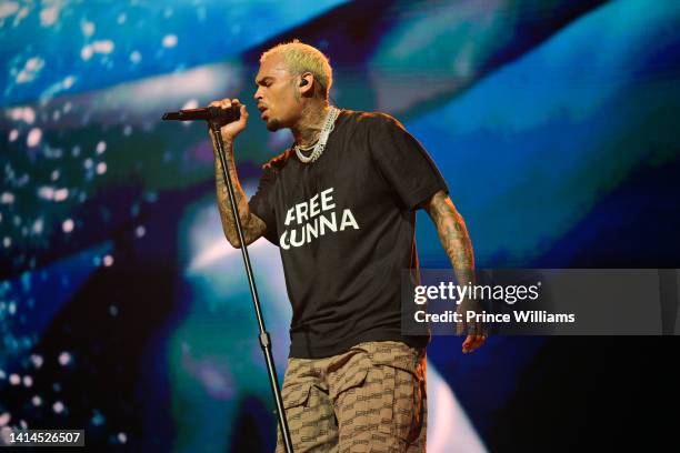 Chris Brown performs during Chris Brown and Lil Baby "One Of Them Ones" Tour at Cellairis Amphitheatre at Lakewood on August 10, 2022 in Atlanta,...