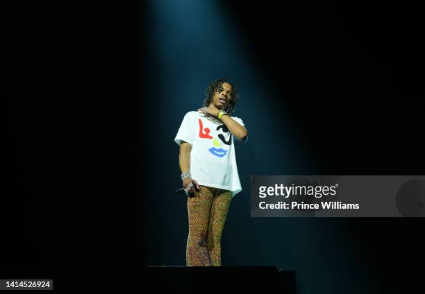 Rapper Lil Baby performs during Chris Brown and Lil Baby "One Of Them Ones" Tour at Cellairis Amphitheatre at Lakewood on August 10, 2022 in Atlanta,...