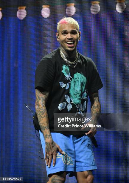 Chris Brown performs during Chris Brown and Lil Baby "One Of Them Ones" Tour at Cellairis Amphitheatre at Lakewood on August 10, 2022 in Atlanta,...