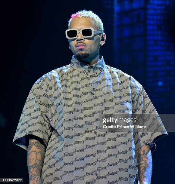 Chris Brown performs during Chris Brown and Lil Baby "One Of Them Ones" Tour at Cellairis Amphitheatre at Lakewood on August 10, 2022 in Atlanta,...