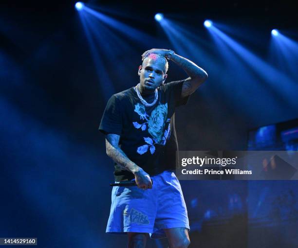 Chris Brown performs during Chris Brown and Lil Baby "One Of Them Ones" Tour at Cellairis Amphitheatre at Lakewood on August 10, 2022 in Atlanta,...