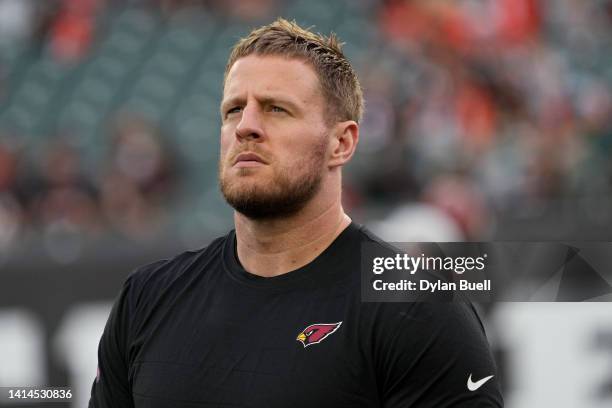 Watt of the Arizona Cardinals walks across the field before a preseason game against the Cincinnati Bengals at Paycor Stadium on August 12, 2022 in...