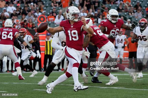 Trace McSorley of the Arizona Cardinals throws a pass in the first quarter against the Cincinnati Bengals during a preseason game at Paycor Stadium...