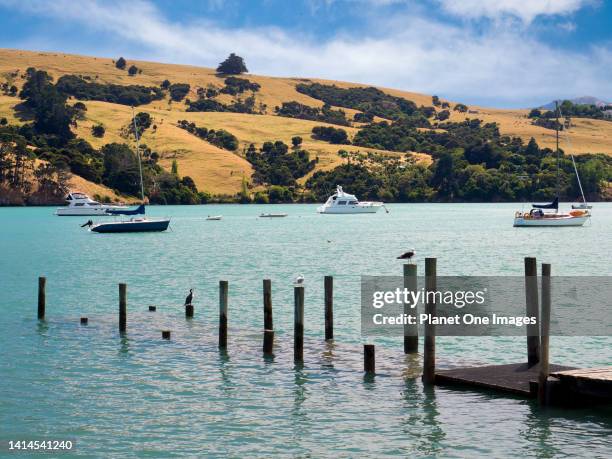 Boats moored in Akaroa's Harbour New Zealand.