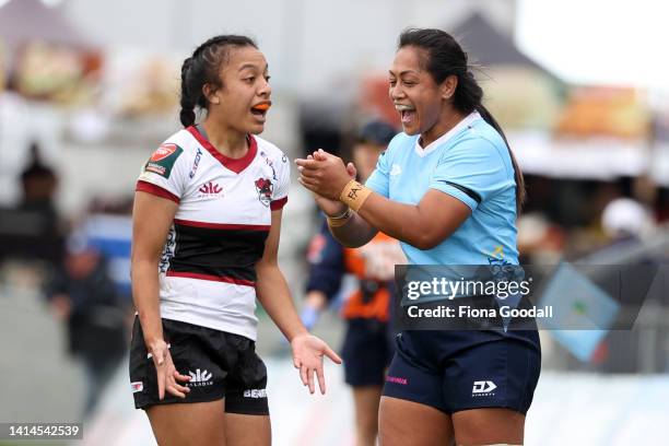 Patricia Vaka of Northland celebrates a penalty during the round five Farah Palmer Cup match between Northland and North Harbour at Semenoff Stadium,...