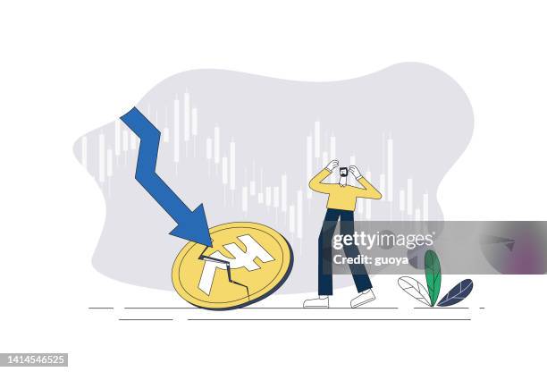 stockillustraties, clipart, cartoons en iconen met the indian ruble depreciated and the stock market fell. - indian rupee