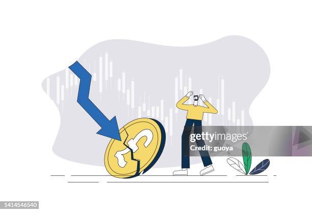 ilustraciones, imágenes clip art, dibujos animados e iconos de stock de la moneda de la libra cayó y el mercado de valores cayó. - libra cryptocurrency