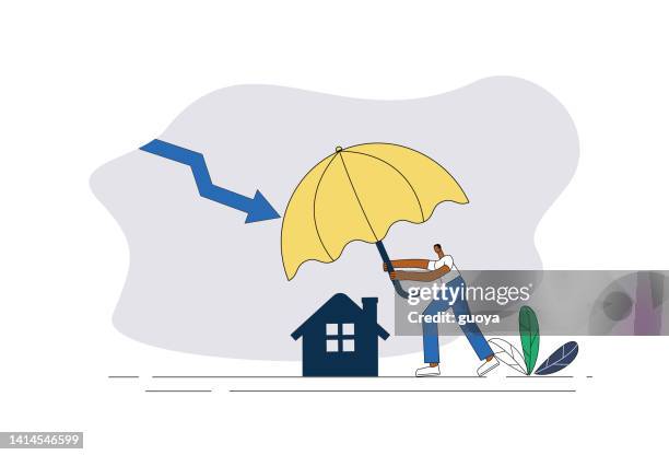 white-collar workers use umbrellas to protect their homes from recession. - lower rate stock illustrations