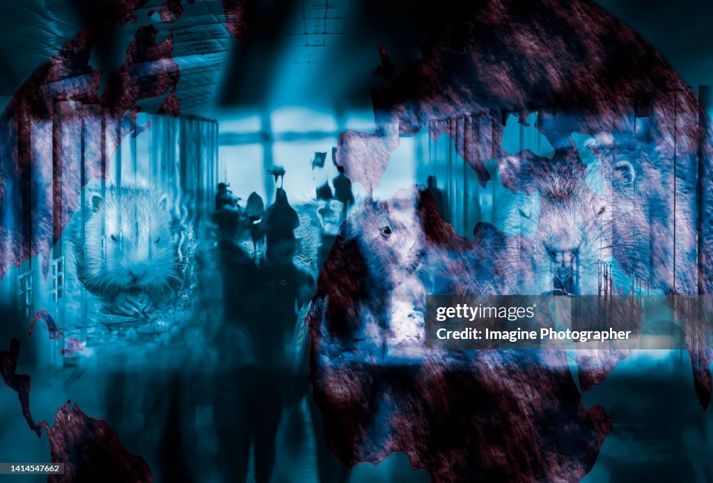 Double Exposure, Rodent that uses its teeth to eat food on a graphical world map, walking crowd background. Concept Lungya LayV virus epidemic no vaccines and drugs to prevent and treat this infection.