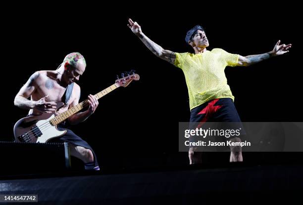 Flea and Anthony Kiedis of Red Hot Chili Peppers perform at Nissan Stadium on August 12, 2022 in Nashville, Tennessee.