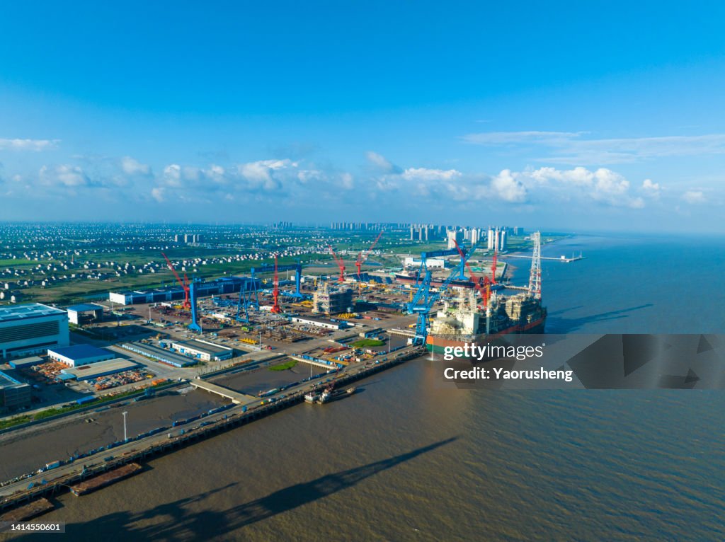 A new FPSO vessel (Floating Production, Storage and Offloading) at a dockyard under construction