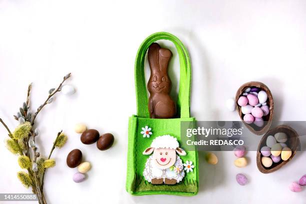 Easter greeting card with chocolate sweets rabbit in green bag, candies and eggs, willow branches on white background. Easter treats.