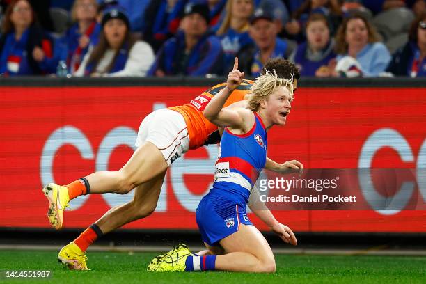 Cody Weightman of the Bulldogs celebrates kicking a goal during the round 22 AFL match between the Western Bulldogs and the Greater Western Sydney...