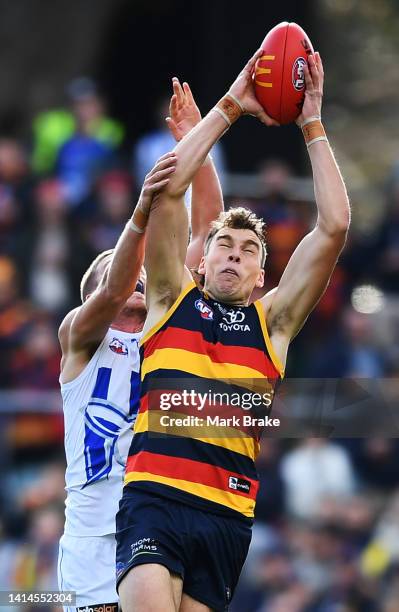 Riley Thilthorpe of the Crows marks in front of Aidan Corr of the Kangaroos during the round 22 AFL match between the Adelaide Crows and the North...