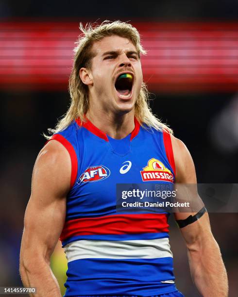 Bailey Smith of the Bulldogs celebrates kicking a goal during the round 22 AFL match between the Western Bulldogs and the Greater Western Sydney...