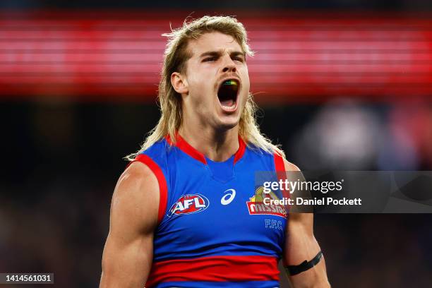 Bailey Smith of the Bulldogs celebrates kicking a goal during the round 22 AFL match between the Western Bulldogs and the Greater Western Sydney...