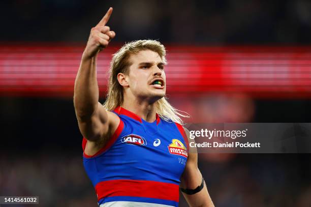 Bailey Smith of the Bulldogs celebrates kicking a goal during the round 22 AFL match between the Western Bulldogs and the Greater Western Sydney...