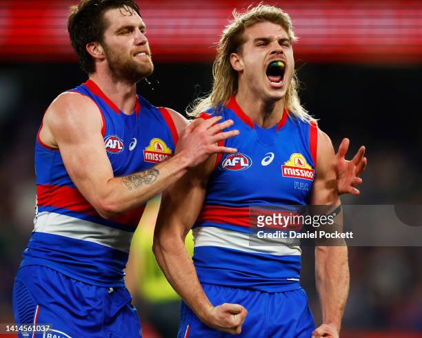 Bailey Smith of the Bulldogs celebrates kicking a goal during the round 22 AFL match between the Western Bulldogs and the Greater Western Sydney...