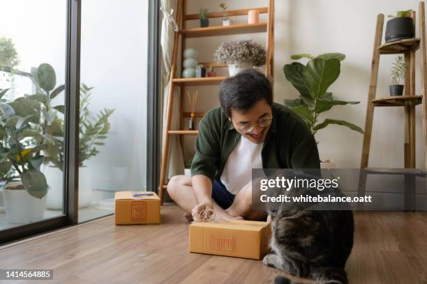 asian guy with a cute cat  excitedly opening the subscription box. - cat box stock pictures, royalty-free photos & images